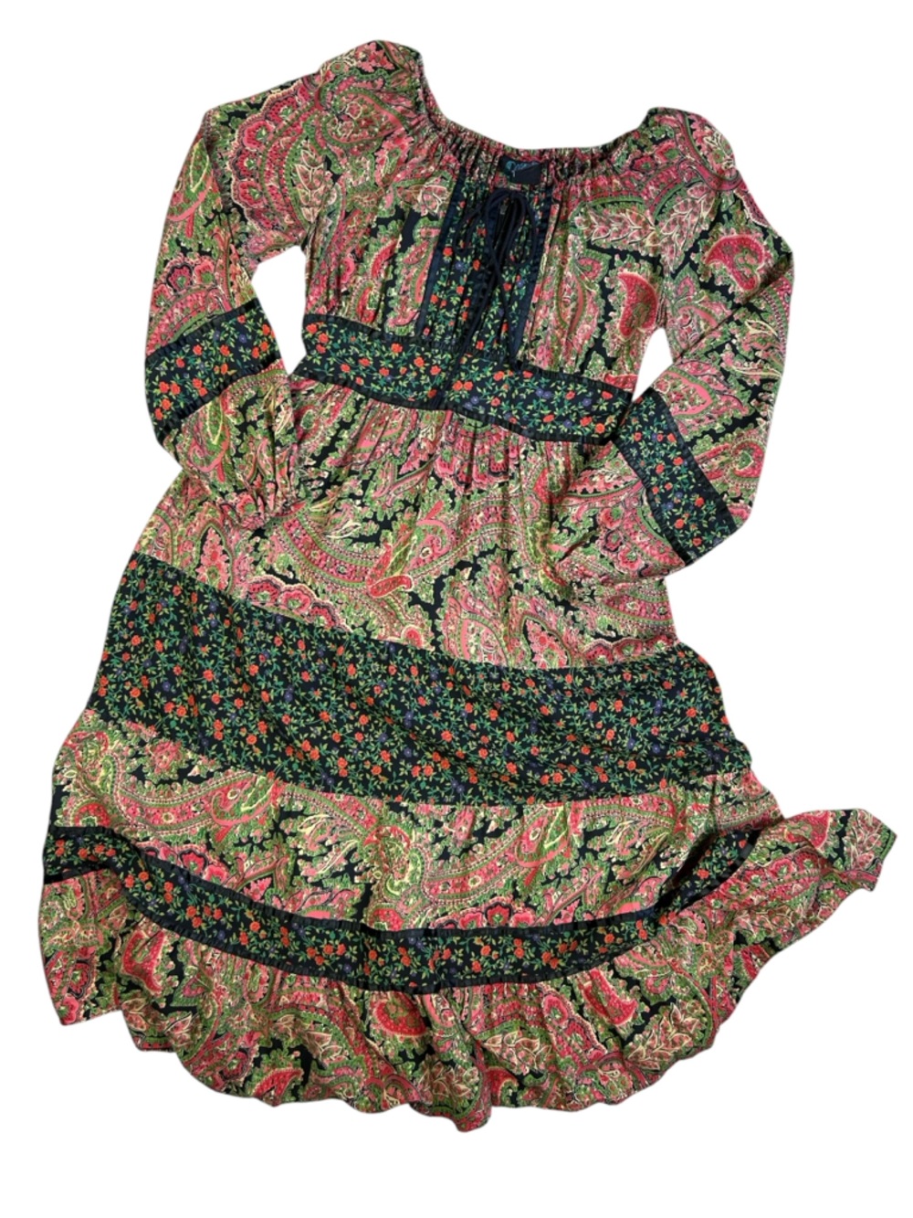 Vintage 1970s Ragtime Prairie Paisley Tiered Long Balloon Sleeve Dress